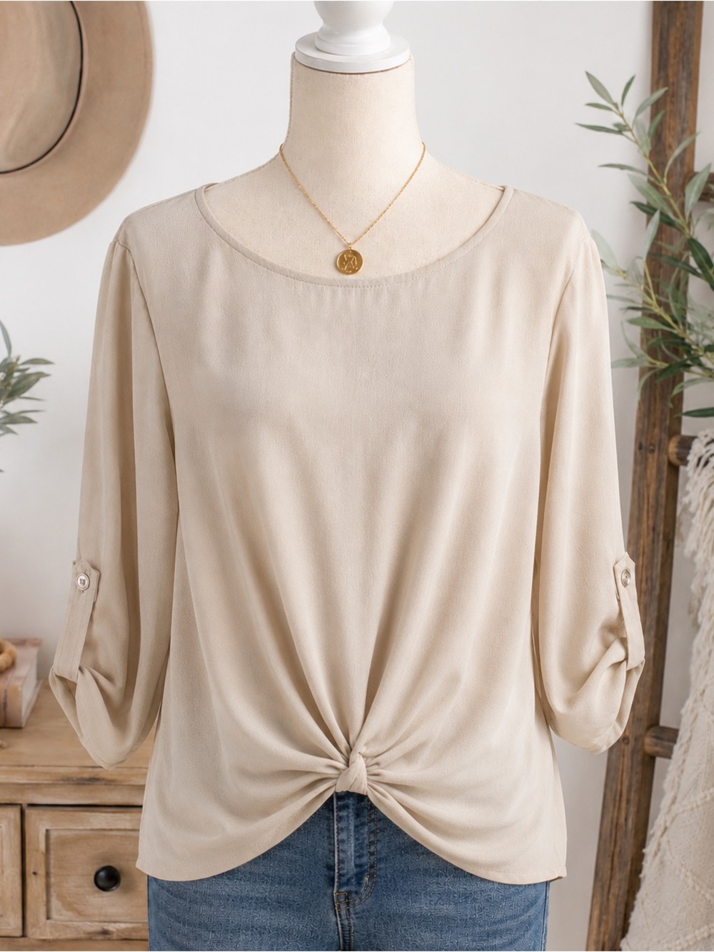 Hippie Rose Ivory Knot Blouse M | Minimalist Quiet Luxury Boho Top